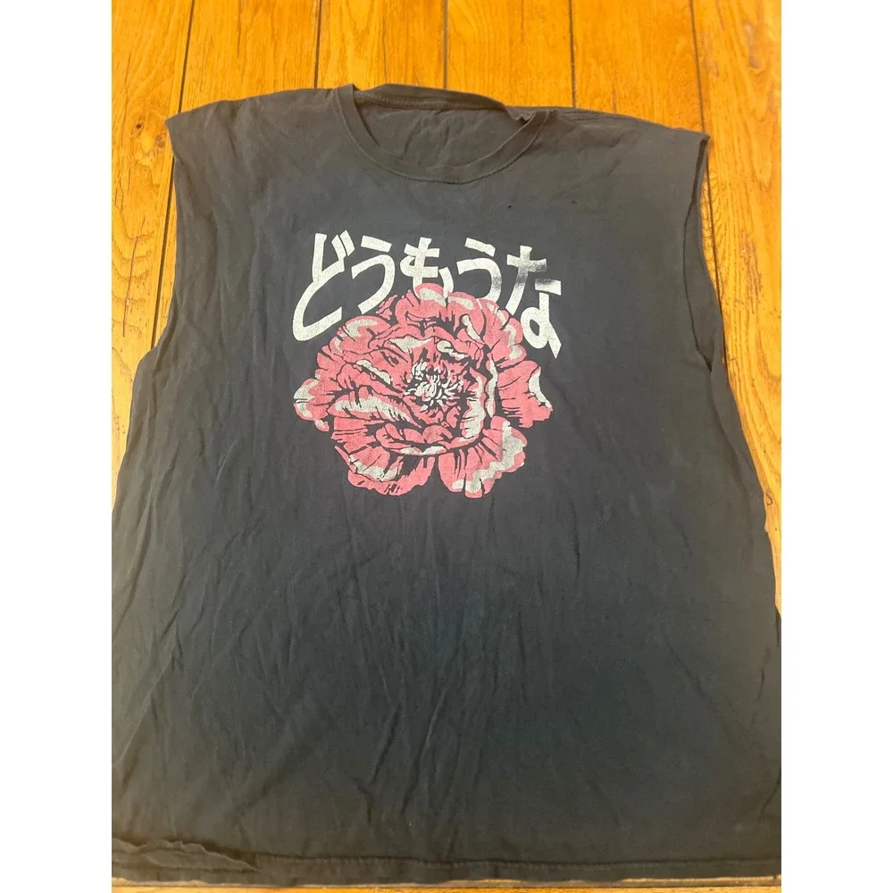 Mens Black Muscle Tee Japanese Skull Peony Graphic Sleeveless Distressed Shirt